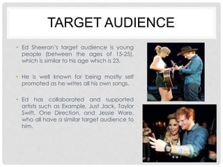 TARGET AUDIENCE 
• Ed Sheeran’s target audience is young 
people (between the ages of 15-25), 
which is similar to his age which is 23. 
• He is well known for being mostly self 
promoted as he writes all his own songs. 
• Ed has collaborated and supported 
artists such as Example, Just Jack, Taylor 
Swift, One Direction, and Jessie Ware, 
who all have a similar target audience to 
him. 
 