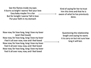 See the flames inside my eyes
It burns so bright I wanna' feel your love
Easy baby maybe I'm a liar
But for tonight I wanna' fall in love
Put your faith in my stomach
Kind of saying for her to trust
him this time and that he is
aware of what he has previously
done.
Now now, for how long, long I love my lover
(and I feel loved)
Now now, for how long, long I love my lover
I feel it all over now, now and I feel loved
Now now, for how long, long I love my lover
Feel it all over now, now, and I feel loved
Now now, for how long, long I love my lover
Feel it all over now, now, and I feel loved
Questioning the relationship
length and saying he wants
it to carry on but not sure how
long it will last.
 
