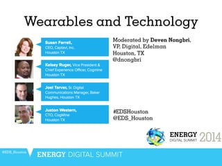 Wearables and Technology
@EDS_Houston
Moderated by Deven Nongbri,
VP, Digital, Edelman
Houston, TX
@dnongbri
	
  
#EDSHouston
@EDS_Houston
 