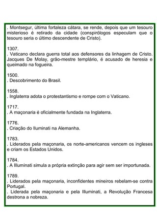 . Montsegur, última fortaleza cátara, se rende, depois que um tesouro
misterioso é retirado da cidade (conspirólogos especulam que o
tesouro seria o último descendente de Cristo).
1307.
. Vaticano declara guerra total aos defensores da linhagem de Cristo.
Jacques De Molay, grão-mestre templário, é acusado de heresia e
queimado na fogueira.
1500.
. Descobrimento do Brasil.
1558.
. Inglaterra adota o protestantismo e rompe com o Vaticano.
1717.
. A maçonaria é oficialmente fundada na Inglaterra.
1776.
. Criação do Iluminati na Alemanha.
1783.
. Liderados pela maçonaria, os norte-americanos vencem os ingleses
e criam os Estados Unidos.
1784.
. A Illuminati simula a própria extinção para agir sem ser importunada.
1789.
. Liderados pela maçonaria, inconfidentes mineiros rebelam-se contra
Portugal.
. Liderada pela maçonaria e pela Illuminati, a Revolução Francesa
destrona a nobreza.
 