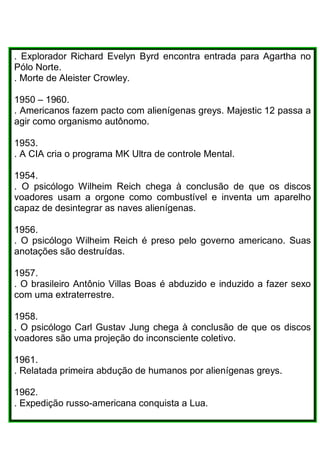 . Explorador Richard Evelyn Byrd encontra entrada para Agartha no
Pólo Norte.
. Morte de Aleister Crowley.
1950 – 1960.
. Americanos fazem pacto com alienígenas greys. Majestic 12 passa a
agir como organismo autônomo.
1953.
. A CIA cria o programa MK Ultra de controle Mental.
1954.
. O psicólogo Wilheim Reich chega à conclusão de que os discos
voadores usam a orgone como combustível e inventa um aparelho
capaz de desintegrar as naves alienígenas.
1956.
. O psicólogo Wilheim Reich é preso pelo governo americano. Suas
anotações são destruídas.
1957.
. O brasileiro Antônio Villas Boas é abduzido e induzido a fazer sexo
com uma extraterrestre.
1958.
. O psicólogo Carl Gustav Jung chega à conclusão de que os discos
voadores são uma projeção do inconsciente coletivo.
1961.
. Relatada primeira abdução de humanos por alienígenas greys.
1962.
. Expedição russo-americana conquista a Lua.
 