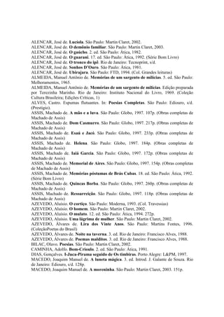 ALENCAR, José de. Lucíola. São Paulo: Martin Claret, 2002.
ALENCAR, José de. O demônio familiar. São Paulo: Martin Claret, 2003.
ALENCAR, José de. O gaúcho. 2. ed. São Paulo: Ática, 1982.
ALENCAR, José de. O guarani. 17. ed. São Paulo: Ática, 1992. (Série Bom Livro)
ALENCAR, José de. O tronco do ipê. Rio de Janeiro: Tecnoprint, s/d.
ALENCAR, José de. Sonhos D’Ouro. São Paulo: Ática, 1981.
ALENCAR, José de. Ubirajara. São Paulo: FTD, 1994. (Col. Grandes leituras)
ALMEIDA, Manuel Antônio de. Memórias de um sargento de milícias. 5. ed. São Paulo:
Melhoramentos, 1965.
ALMEIDA, Manuel Antônio de. Memórias de um sargento de milícias. Edição preparada
por Terezinha Marinho. Rio de Janeiro: Instituto Nacional do Livro, 1969. (Coleção
Cultura Brasileira; Edições Críticas, 1)
ALVES, Castro. Espumas flutuantes. In: Poesias Completas. São Paulo: Ediouro, s/d.
(Prestígio).
ASSIS, Machado de. A mão e a luva. São Paulo: Globo, 1997. 107p. (Obras completas de
Machado de Assis)
ASSIS, Machado de. Dom Casmurro. São Paulo: Globo, 1997. 217p. (Obras completas de
Machado de Assis)
ASSIS, Machado de. Esaú e Jacó. São Paulo: Globo, 1997. 233p. (Obras completas de
Machado de Assis)
ASSIS, Machado de. Helena. São Paulo: Globo, 1997. 184p. (Obras completas de
Machado de Assis)
ASSIS, Machado de. Iaiá Garcia. São Paulo: Globo, 1997. 172p. (Obras completas de
Machado de Assis)
ASSIS, Machado de. Memorial de Aires. São Paulo: Globo, 1997. 154p. (Obras completas
de Machado de Assis)
ASSIS, Machado de. Memórias póstumas de Brás Cubas. 18. ed. São Paulo: Ática, 1992.
(Série Bom Livro)
ASSIS, Machado de. Quincas Borba. São Paulo: Globo, 1997. 260p. (Obras completas de
Machado de Assis)
ASSIS, Machado de. Ressurreição. São Paulo: Globo, 1997. 118p. (Obras completas de
Machado de Assis)
AZEVEDO, Aluísio. O cortiço. São Paulo: Moderna, 1993. (Col. Travessias)
AZEVEDO, Aluísio. O homem. São Paulo: Martin Claret, 2002.
AZEVEDO, Aluísio. O mulato. 12. ed. São Paulo: Ática, 1994. 272p.
AZEVEDO, Aluísio. Uma lágrima de mulher. São Paulo: Martin Claret, 2002.
AZEVEDO, Álvares de. Lira dos Vinte Anos. São Paulo: Martins Fontes, 1996.
(ColeçãoPoetas do Brasil)
AZEVEDO, Álvares de. Noite na taverna. 3. ed. Rio de Janeiro: Francisco Alves, 1988.
AZEVEDO, Álvares de. Poemas malditos. 3. ed. Rio de Janeiro: Francisco Alves, 1988.
BILAC, Olavo. Poesias. São Paulo: Martin Claret, 2002.
CAMINHA, Adolfo. Bom-Crioulo. 2. ed. São Paulo: Ática, 1991.
DIAS, Gonçalves. I-Juca-Pirama seguido de Os timbiras. Porto Alegre: L&PM, 1997.
MACEDO, Joaquim Manuel de. A luneta mágica. 3. ed. Introd. J. Galante de Souza. Rio
de Janeiro: Ediouro, s/d. 128p.
MACEDO, Joaquim Manuel de. A moreninha. São Paulo: Martin Claret, 2003. 151p.
 