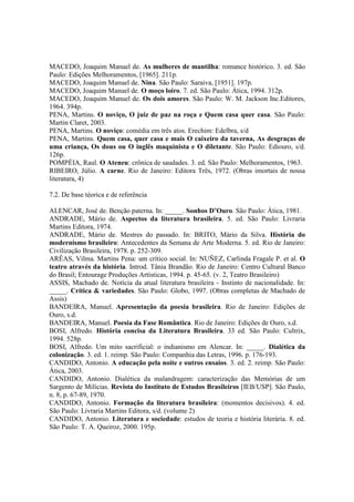 MACEDO, Joaquim Manuel de. As mulheres de mantilha: romance histórico. 3. ed. São
Paulo: Edições Melhoramentos, [1965]. 211p.
MACEDO, Joaquim Manuel de. Nina. São Paulo: Saraiva, [1951]. 197p.
MACEDO, Joaquim Manuel de. O moço loiro. 7. ed. São Paulo: Ática, 1994. 312p.
MACEDO, Joaquim Manuel de. Os dois amores. São Paulo: W. M. Jackson Inc.Editores,
1964. 394p.
PENA, Martins. O noviço, O juiz de paz na roça e Quem casa quer casa. São Paulo:
Martin Claret, 2003.
PENA, Martins. O noviço: comédia em três atos. Erechim: Edelbra, s/d
PENA, Martins. Quem casa, quer casa e mais O caixeiro da taverna, As desgraças de
uma criança, Os dous ou O inglês maquinista e O diletante. São Paulo: Ediouro, s/d.
126p.
POMPÉIA, Raul. O Ateneu: crônica de saudades. 3. ed. São Paulo: Melhoramentos, 1963.
RIBEIRO, Júlio. A carne. Rio de Janeiro: Editora Três, 1972. (Obras imortais de nossa
literatura, 4)
7.2. De base téorica e de referência
ALENCAR, José de. Benção paterna. In: _____. Sonhos D’Ouro. São Paulo: Ática, 1981.
ANDRADE, Mário de. Aspectos da literatura brasileira. 5. ed. São Paulo: Livraria
Martins Editora, 1974.
ANDRADE, Mário de. Mestres do passado. In: BRITO, Mário da Silva. História do
modernismo brasileiro: Antecedentes da Semana de Arte Moderna. 5. ed. Rio de Janeiro:
Civilização Brasileira, 1978. p. 252-309.
ARÊAS, Vilma. Martins Pena: um crítico social. In: NUÑEZ, Carlinda Fragale P. et al. O
teatro através da história. Introd. Tânia Brandão. Rio de Janeiro: Centro Cultural Banco
do Brasil; Entourage Produções Artísticas, 1994. p. 45-65. (v. 2, Teatro Brasileiro)
ASSIS, Machado de. Notícia da atual literatura brasileira - Instinto de nacionalidade. In:
_____. Crítica & variedades. São Paulo: Globo, 1997. (Obras completas de Machado de
Assis)
BANDEIRA, Manuel. Apresentação da poesia brasileira. Rio de Janeiro: Edições de
Ouro, s.d.
BANDEIRA, Manuel. Poesia da Fase Romântica. Rio de Janeiro: Edições de Ouro, s.d.
BOSI, Alfredo. História concisa da Literatura Brasileira. 33 ed. São Paulo: Cultrix,
1994. 528p.
BOSI, Alfredo. Um mito sacrificial: o indianismo em Alencar. In: _____. Dialética da
colonização. 3. ed. 1. reimp. São Paulo: Companhia das Letras, 1996. p. 176-193.
CANDIDO, Antonio. A educação pela noite e outros ensaios. 3. ed. 2. reimp. São Paulo:
Ática, 2003.
CANDIDO, Antonio. Dialética da malandragem: caracterização das Memórias de um
Sargento de Milícias. Revista do Instituto de Estudos Brasileiros [IEB/USP]. São Paulo,
n. 8, p. 67-89, 1970.
CANDIDO, Antonio. Formação da literatura brasileira: (momentos decisivos). 4. ed.
São Paulo: Livraria Martins Editora, s/d. (volume 2)
CANDIDO, Antonio. Literatura e sociedade: estudos de teoria e história literária. 8. ed.
São Paulo: T. A. Queiroz, 2000. 195p.
 