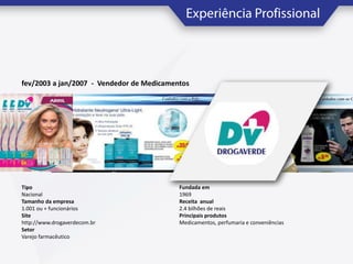 fev/2003 a jan/2007 - Vendedor de Medicamentos

Tipo
Nacional
Tamanho da empresa
1.001 ou + funcionários
Site
http://www.drogaverdecom.br
Setor
Varejo farmacêutico

Fundada em
1969
Receita anual
2.4 bilhões de reais
Principais produtos
Medicamentos, perfumaria e conveniências

 