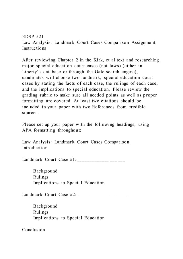 EDSP 521Law Analysis Landmark Court Cases Comparison Assignment PDF
