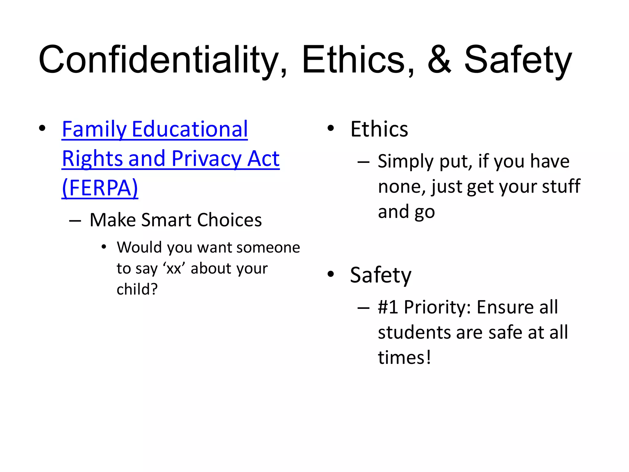 Culture, Ethnicity, & Diversity
“Although the education
system is becoming more
diverse, students who come
from stigmatized groups
(e.g., groups that are the
target of negative
stereotypes, prejudice, and
discrimination) still perceive
barriers to education” (Ruggs &
Hebl, 2012).
Practice makes Permanent
• Review with GE & Para
educator
– Diversity
– Stereotypes
– Negative Outlook
– Discrimination Training
• Sign Up for Online
DiscriminationTraining and
HarassmentTraining
Course
 