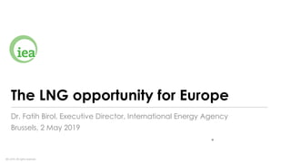 IEA 2019. All rights reserved.
The LNG opportunity for Europe
Dr. Fatih Birol, Executive Director, International Energy Agency
Brussels, 2 May 2019
• 31 January 2019
 