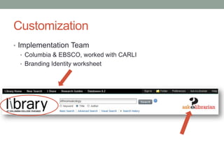 Customization
• Implementation Team
• Columbia & EBSCO, worked with CARLI
• Branding Identity worksheet
 