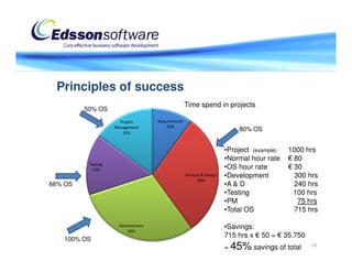 Principles of success
                                                  Time spend in projects
         50% OS
                      Project      Requirements
                    Management         10%
                       15%
                                                                          80% OS


                                                                      •Project (example)   1000 hrs
                                                                      •Normal hour rate    € 80
          Testing
           15%                                                        •OS hour rate        € 30
                                                  Analysis & Design   •Development           300 hrs
                                                        30%
66% OS                                                                •A & D                 240 hrs
                                                                      •Testing               100 hrs
                                                                      •PM                     75 hrs
                                                                      •Total OS              715 hrs

                     Development                                      •Savings:
                         30%
                                                                      715 hrs x € 50 = € 35.750
   100% OS
                                                                      = 45% savings of total      10
 