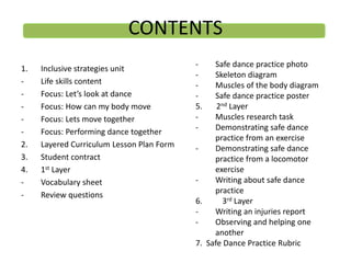 CONTENTS
1. Inclusive strategies unit
- Life skills content
- Focus: Let’s look at dance
- Focus: How can my body move
- Focus: Lets move together
- Focus: Performing dance together
2. Layered Curriculum Lesson Plan Form
3. Student contract
4. 1st Layer
- Vocabulary sheet
- Review questions
- Safe dance practice photo
- Skeleton diagram
- Muscles of the body diagram
- Safe dance practice poster
5. 2nd Layer
- Muscles research task
- Demonstrating safe dance
practice from an exercise
- Demonstrating safe dance
practice from a locomotor
exercise
- Writing about safe dance
practice
6. 3rd Layer
- Writing an injuries report
- Observing and helping one
another
7. Safe Dance Practice Rubric
 