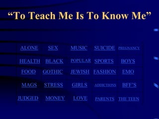 “To Teach Me Is To Know Me”

  ALONE    SEX     MUSIC   SUICIDE      PREGNANCY


  HEALTH BLACK     POPULAR SPORTS        BOYS

  FOOD    GOTHIC   JEWISH FASHION        EMO

  MAGS    STRESS   GIRLS   ADDICTIONS    BFF’S

 JUDGED   MONEY    LOVE    PARENTS THE TEEN
 