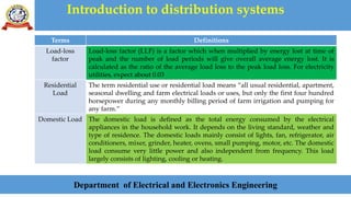 Introduction to distribution systems
Department of Electrical and Electronics Engineering
Terms Definitions
Load-loss
factor
Load-loss factor (LLF) is a factor which when multiplied by energy lost at time of
peak and the number of load periods will give overall average energy lost. It is
calculated as the ratio of the average load loss to the peak load loss. For electricity
utilities, expect about 0.03
Residential
Load
The term residential use or residential load means “all usual residential, apartment,
seasonal dwelling and farm electrical loads or uses, but only the first four hundred
horsepower during any monthly billing period of farm irrigation and pumping for
any farm.”
Domestic Load The domestic load is defined as the total energy consumed by the electrical
appliances in the household work. It depends on the living standard, weather and
type of residence. The domestic loads mainly consist of lights, fan, refrigerator, air
conditioners, mixer, grinder, heater, ovens, small pumping, motor, etc. The domestic
load consume very little power and also independent from frequency. This load
largely consists of lighting, cooling or heating.
 