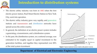 Introduction to distribution systems
Department of Electrical and Electronics Engineering
• The electric utility industry was born in 1882 when the first
electric power station, Pearl Street Electric Station in New York
City, went into operation.
• The electric utility industry grew very rapidly, and generation
stations and transmission and distribution networks have
spread across the entire country.
• In general, the definition of an electric power system includes
a generating, a transmission, and a distribution system.
• In the past, the distribution system, on a national average, was
estimated to be roughly equal in capital investment to the
generation facilities, and together they represented over 80%
of the total system investment Figure 1 Typical investment trends in electric utility plants in service.
 