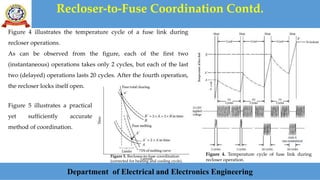 Recloser-to-Fuse Coordination Contd.
Department of Electrical and Electronics Engineering
Figure 4. Temperature cycle of fuse link during
recloser operation.
Figure 4 illustrates the temperature cycle of a fuse link during
recloser operations.
As can be observed from the figure, each of the first two
(instantaneous) operations takes only 2 cycles, but each of the last
two (delayed) operations lasts 20 cycles. After the fourth operation,
the recloser locks itself open.
Figure 5. Recloser-to-fuse coordination
(corrected for heating and cooling cycle).
Figure 5 illustrates a practical
yet sufficiently accurate
method of coordination.
 