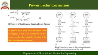 Power Factor Correction
Department of Electrical and Electronics Engineering
or
(2)
2.1 Concept of Leading and Lagging Power Factors
In general, for a given load, the power factor
is lagging if the load withdraws reactive
power; on the other hand, it is leading if the
load supplies reactive power.
Fig. 6 Examples of some of the sources of leading
and lagging reactive power at the load.
 