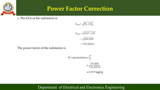 Power Factor Correction
Department of Electrical and Electronics Engineering
c. The kVA of the substation is
The power factor of the substation is
 