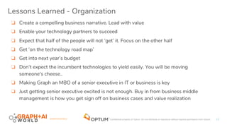 #GRAPHAIWORLD Confidential property of Optum. Do not distribute or reproduce without express permission from Optum.
Lessons Learned - Organization
13
❏ Create a compelling business narrative. Lead with value
❏ Enable your technology partners to succeed
❏ Expect that half of the people will not ‘get’ it. Focus on the other half
❏ Get ‘on the technology road map’
❏ Get into next year’s budget
❏ Don’t expect the incumbent technologies to yield easily. You will be moving
someone’s cheese..
❏ Making Graph an MBO of a senior executive in IT or business is key
❏ Just getting senior executive excited is not enough. Buy in from business middle
management is how you get sign off on business cases and value realization
 
