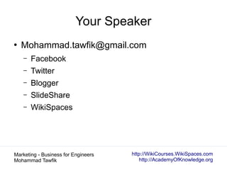 http://WikiCourses.WikiSpaces.com
http://AcademyOfKnowledge.org
Marketing - Business for Engineers
Mohammad Tawfik
Your Sp...
