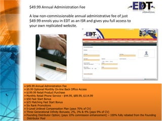 $49.99 Annual Administration Fee A low non-commissionable annual administrative fee of just $49.99 enrols you in EDT as an ISR and gives you full access to your own replicated website. ,[object Object]