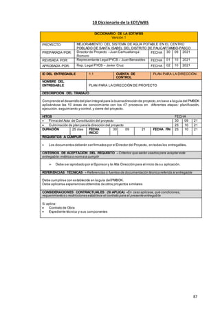 87
10 Diccionario de la EDT/WBS
DICCIONARIO DE LA EDT/WBS
Versión 1
PROYECTO MEJORAMIENTO DEL SISTEMA DE AGUA POTABLE EN EL CENTRO
POBLADO DE SANTA ISABEL DEL DISTRITO DE PAUCARTAMBO-PASCO
PREPARADA POR: Director de Proyecto –Juan Carhuallanqui
Romero
FECHA 30 09 2021
REVISADA POR: Representante Legal PYCB – Juan Benavides FECHA 01 10 2021
APROBADA POR: Rep. Legal PYCB – Javier Cruz FECHA 02 10 2021
ID DEL ENTREGABLE 1.1 CUENTA DE
CONTROL
PLAN PARA LA DIRECCIÓN
NOMBRE DEL
ENTREGABLE PLAN PARA LA DIRECCIÓN DE PROYECTO
DESCRIPCIÓN DEL TRABAJO
Comprende el desarrollodel planintegralpara la buenadirección de proyecto,en base a la guía del PMBOK
aplicándose las 10 áreas de conocimiento con los 47 procesos en diferentes etapas: planificación,
ejecución, seguimiento y control, y cierre del proyecto.
HITOS FECHA
 Firma del Acta de Constitución del proyecto 30 09 21
 Culminación de plan para la dirección del proyecto 25 10 21
DURACIÓN 25 días FECHA
INICIO
30 09 21 FECHA FIN 25 10 21
REQUISITOS A CUMPLIR
 Los documentos deberán ser firmados por el Director del Proyecto, en todas los entregables.
CRITERIOS DE ACEPTACIÓN DEL REQUISITO - Criterios que serán usados para aceptar este
entregable:métrica o norma a cumplir
 Debe ser aprobado por el Sponsor y la Alta Dirección para el inicio de su aplicación.
REFERENCIAS TÉCNICAS - Referencias o fuentes de documentación técnica referida al entregable
Debe cumplirse con establecido en la guía del PMBOK.
Debe aplicarse experiencias obtenidos de otros proyectos similares
CONSIDERACIONES CONTRACTUALES (SI APLICA) -En caso aplicase,qué condiciones,
requerimientos o restricciones establece el contrato para el presente entregable
Si aplica:
 Contrato de Obra
 Expediente técnico y sus componentes
 