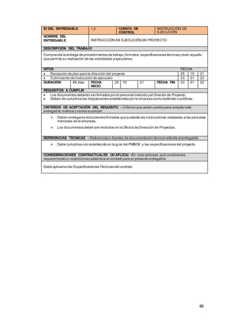 88
ID DEL ENTREGABLE 1.2 CUENTA DE
CONTROL
INSTRUCCIÓN DE
EJECUCIÓN
NOMBRE DEL
ENTREGABLE INSTRUCCIÓN DE EJECUCIÓN DE PROYECTO
DESCRIPCIÓN DEL TRABAJO
Comprende la entrega de procedimientos de trabajo,formatos,especificaciones técnicas y todo aquello
que permita su realización de las actividades a ejecutarse.
HITOS FECHA
 Recepción de plan para la dirección del proyecto 25 10 21
 Culminación de instrucción de ejecución 23 01 22
DURACIÓN 89 días FECHA
INICIO
25 10 21 FECHA FIN 23 01 22
REQUISITOS A CUMPLIR
 Los documentos deberán ser firmados por el personal instruido yel Director de Proyecto.
 Deben de cumplirse las disposiciones establecidas por la empresa como estándar o políticas.
CRITERIOS DE ACEPTACIÓN DEL REQUISITO - Criterios que serán usados para aceptar este
entregable:métrica o norma a cumplir
 Deben entregarse documentos firmados que sustente las instrucciones realizadas a las personas
indicadas de la empresa.
 Los documentos deben ser recibidos en la Oficina de Dirección de Proyectos.
REFERENCIAS TÉCNICAS - Referencias o fuentes de documentación técnica referida al entregable
 Debe cumplirse con establecido en la guía del PMBOK y las especificaciones del proyecto.
CONSIDERACIONES CONTRACTUALES (SI APLICA) -En caso aplicase,qué condiciones,
requerimientos o restricciones establece el contrato para el presente entregable
Debe aplicarse las Especificaciones Técnicas del contrato
 
