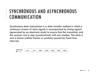 WEEK 1- 2/14 23
SYNCHRONOUS AND ASYNCHRONOUS
COMMUNICATION
Synchronous data transmission is a data transfer method in which a
continuous stream of data signals is accompanied by timing signals
(generated by an electronic clock) to ensure that the transmitter and
the receiver are in step (synchronized) with one another. The data is
sent in blocks (called frames or packets) spaced by fixed time
intervals.
 