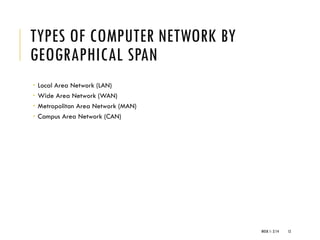TYPES OF COMPUTER NETWORK BY
GEOGRAPHICAL SPAN
 Local Area Network (LAN)
 Wide Area Network (WAN)
 Metropolitan Area Network (MAN)
 Campus Area Network (CAN)
WEEK 1- 2/14 12
 