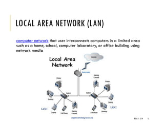LOCAL AREA NETWORK (LAN)
computer network that user interconnects computers in a limited area
such as a home, school, computer laboratory, or office building using
network media
WEEK 1- 2/14 13
 
