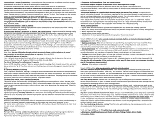 Constructivism, a variant of cognitivism, is centered around the principle that an individual constructs his own
understanding of the world he lives in by reflecting on his experiences.
An individual generates his own mental models, which he uses to make sense of his experiences.
Neuroscience- Neuroscience is the study of the brain and nervous system. Neuroscientists focus on interpreting
how the brain controls all of its varied and diverse functions.According to Beauchamp and Beauchamp (2012),
“Modern neuroscience research has produced findings about the brain and its functioning that could potentially
impact the ways teachers in school classrooms approach their learners” (p.489). These findings can also have an
impact on how instructional designers go about creating instruction.
Postmodernism- Postmodern philosophy questions (and often rejects) the idealized view of truth and of
knowing inherited from past philosophical traditions. To the postmodernist, thinking is a dynamic, ever
changing function that depends upon an individual’s interpretation of the world the individual lives in (Butler,
2003; Goodman,2008).
An Instructional Designer’s View on Thinking
A person’s perspective on thinking largely depends upon a combination of that person’s education, training,
philosophical beliefs, and profession.
An instructional designer’s perspective on thinking, and in turn learning, is highly influenced by training and by
the nature of the profession. Instructional designers tend to look at thinking from a pragmatic point of view,
asking themselves, What do we need to know about thinking and the studies done on thinking that will help
develop efficient and effective instructional interventions?
Majority of instructional designers are considered to be eclectic—borrowing from different perspectives and
using what works for a given situation to produce desired results. Instructional designers tend to take a systems
theory approach when it comes to looking at thinking (and learning) by exploring it from several different
perspectives, rather than focusing narrowly on one aspect of what thinking is or is not. Instructional designers
perceive thinking as a complex process that includes various interconnected elements, and therefore cannot be
encapsulated in one neat and tidy description or theory.
What Is Learning?
Most often, learning is defined as being a relatively permanent change in either behavior or in mental
representations or associations brought about by experience (Ormrod, 2011).
A Behavioral Approach to Learning
From a behaviorist perspective, learning is defined as a change in behavior due to experience that can be
measured (Burton, Moore, & Magliaro, 2004; Driscoll, 2004; Ormrod, 2011).
The Role of the Learner from a Behavioral Perspective
Skinner (1978) stated that a learner “does not passively absorb knowledge from the world around him but must
play an active role” (p. 5). Therefore, learners learn by doing, experiencing, and engaging in repeated trial and
error.
A Cognitivist Approach to Learning
From a cognitivist perspective, learning is a change in mental representations and associations brought about by
experiences. Standard cognitivist view of learning that assumes that mental processes exist, and can be studied
scientifically. Brandt and Perkins (2000) noted that early research in cognitivism “focused primarily on information
processing, especially pattern recognition, memory, and problem solving.
The Role of the Learner from a Cognitive Perspective
Cognitivists believe that learners are not passively influenced by environmental events; rather, they are active
participants in their own cognition (Ashcraft, 2002). As individuals engage in the learning process, they “actively
choose, practice, pay attention, ignore, reflect, and make many other decisions as they pursue goals” (Woolfolk,
2004, p. 236).
What Is Learned?
The behavioral and cognitive perspectives differ in their assumptions regarding what is learned. From the
cognitive perspective, knowledge is learned. It is the increase of knowledge that makes it possible for changes in
behavior to occur. According to the behavioral perspective, the new behaviors themselves are learned (Shuell,
1986).
A Constructivist Approach to Learning
Marzano (2000) writes, “Constructivism refers to the general principle that learners use their prior knowledge to
construct a personally meaningful understanding of new content that is the focus of learning” (p. 81)
The learner takes in information from the world, filters this information, and uses this information to make his or
her own unique reality (Jonassen,
1991).
Types of Learning
There are three commonly used learning domains that refer to specific types of learning: Cognitive Domain=
Bloom Taxanomy level, Affective Domain= The affective domain deals with emotional responses
Psychomotor Domain=The psychomotor domain deals with physical abilities and skills.
3. Examining the Situation Needs, Task, and Learner Analysis
Instructional design is carried out for a purpose: to bring about a particular change
An instructional designer will need to determine exactly what the change is that needs to occur
The instructional designer is being asked to solve a problem by identifying the problem and coming up with a
solution to help solve it
Instructional designers use a needs analysis process to get at the source of the problem. In order to do this,
specific information is needed. This information is gathered by the instructional designer through various means,
such as interviews, observations, and reviews of available artifacts. The information gathered is then used to
inform how the rest of the instructional design process will be carried out.
There are situations, however, where an instructional designer does not carry out a full-scale needs analysis
because he or she is brought into the instructional design process at a stage where the client has already clearly
determined what the problem is and has possibly even identified why it may be occurring.
Needs Analysis Questions
A typical needs analysis attempts to provide information that will help answer the following questions:
• What is the change being requested (including who is being asked to change and what is currently taking place)?
• Who is requesting this change?
• Where will this change need to take place?
• Is instruction the most appropriate means for bringing about the desired change?
Rossett (1995) believes that when a needs analysis is conducted, it allows an instructional designer to gather
information about the following factors:
• Optimal performance: What does an individual who is performing at an optimal level know or do that allows
him or her to perform at this level? Instructional designers consult a variety of sources—such as experts,
documentation, standards, practices, texts, and tests—to answer this question.
• Actual performance: How is an individual currently performing? What is happening to cause a particular event
to take place? Why is a change being requested? An instructional designer can use employee performance
records, observation, and interviews to help gather data to provide answers to these questions.
 Feelings: Instructional designers want to know how individuals feel about the topic, training about the topic, the
topic as a priority, and their confidence surrounding the topic.
• Cause(s): Rossett identifies four kinds of causes for why individuals may not be performing as they should: (1)
they lack the skill or knowledge; (2) the environment is in the way; (3) there are no, few, or improper incentives;
and (4) the employees are unmotivated.
• Solutions: What solutions are possible?
Rossett (1995) outlines a five-step process for conducting a needs analysis:
Step One: Determine purposes based on initiators. There are three types of initiating situations that may be
taking place: performance problems, “new stuff,” and mandates. The instructional designer must determine what
type of situation initiated the problem. The instructional designer must then determine what purpose(s) need to
be addressed in order to develop a solution for the existing problem. Figure 3.2 presents the relationship between
the three types of initiators and the needs assessment purposes.
Step Two: Identify sources. The next step is to identify who has the information that is needed and where it is
located. What constraints are there to gaining access to this information? What individuals need to know that you
are involved in developing a solution to the existing problem?
Step Three: Select tools. Gathering various types of data requires different tools. Careful planning needs to take
place in order to select the proper tool that will allow useful data to be effectively gathered. Interviews, observing
employee performance, examining records and outcomes, group meetings, and questionnaires are tools that can
be used.
Step Four: Conduct the needs assessment in stages. Once you have identified the purpose (Step One), established
the sources where data will be collected (Step Two), and determined the tools that will be used to collect the data
(Step Three), you are ready to conduct the needs assessment. Most needs assessments are done in stages; that
is, data are collected and analyzed and then a determination is made as to whether additional information is
needed.The need for additional information from the identified sources may be gathered if it is determined that
the data collected are not adequate.
Step Five: Use findings for decision making. The information gathered during the needs assessment is used to
develop a solution that is appropriate.
Smith and Ragan (2004, pp. 32–35) outline three needs assessment models:
1. Discrepancy-Based Needs Assessment Model, 2. Problem-Finding, Problem-Solving Model,
3. Innovation Model.
 