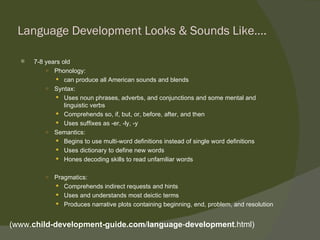 Language Development Looks & Sounds Like….

     7-8 years old
          ○ Phonology:
              can produce all American sounds and blends
          ○ Syntax:
              Uses noun phrases, adverbs, and conjunctions and some mental and
                 linguistic verbs
              Comprehends so, if, but, or, before, after, and then
              Uses suffixes as -er, -ly, -y
          ○ Semantics:
              Begins to use multi-word definitions instead of single word definitions
              Uses dictionary to define new words
              Hones decoding skills to read unfamiliar words


          ○   Pragmatics:
               Comprehends indirect requests and hints
               Uses and understands most deictic terms
               Produces narrative plots containing beginning, end, problem, and resolution


(www.child-development-guide.com/language-development.html)
 