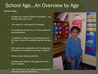School Age…An Overview by Age
At Four Years...

       Imitates your speech patterns accurately... e.g.
        We liked that, didn’t we?

       His speech is understood by strangers.

       His sentences contain four or more words and
        are grammatical.

        Vocabulary is large for e.g. knowing parts of
        his body, names of household objects, animals
        etc.

       Still make errors especially when he uses past
        sentences for example he may say ‘I taked it’.

       Always enjoys asking questions.

       Develops and refine his language and make
        fewer mistakes.

       Talks fluently and can repeat nursery rhymes
        and songs with very few errors.
 