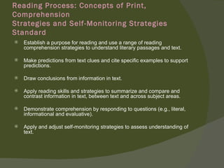 Reading Process: Concepts of Print,
Comprehension
Strategies and Self-Monitoring Strategies
Standard
   Establish a purpose for reading and use a range of reading
    comprehension strategies to understand literary passages and text.

   Make predictions from text clues and cite specific examples to support
    predictions.

   Draw conclusions from information in text.

   Apply reading skills and strategies to summarize and compare and
    contrast information in text, between text and across subject areas.

   Demonstrate comprehension by responding to questions (e.g., literal,
    informational and evaluative).

   Apply and adjust self-monitoring strategies to assess understanding of
    text.
 