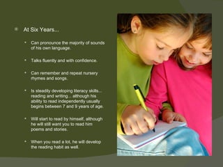    At Six Years...

       Can pronounce the majority of sounds
        of his own language.

       Talks fluently and with confidence.

       Can remember and repeat nursery
        rhymes and songs.

       Is steadily developing literacy skills...
        reading and writing... although his
        ability to read independently usually
        begins between 7 and 9 years of age.

       Will start to read by himself, although
        he will still want you to read him
        poems and stories.

       When you read a lot, he will develop
        the reading habit as well.
 