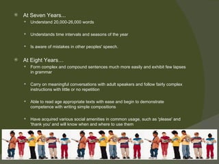    At Seven Years...
       Understand 20,000-26,000 words

       Understands time intervals and seasons of the year

       Is aware of mistakes in other peoples' speech.


   At Eight Years…
       Form complex and compound sentences much more easily and exhibit few lapses
        in grammar

       Carry on meaningful conversations with adult speakers and follow fairly complex
        instructions with little or no repetition

       Able to read age appropriate texts with ease and begin to demonstrate
        competence with writing simple compositions

       Have acquired various social amenities in common usage, such as 'please' and
        'thank you' and will know when and where to use them
 