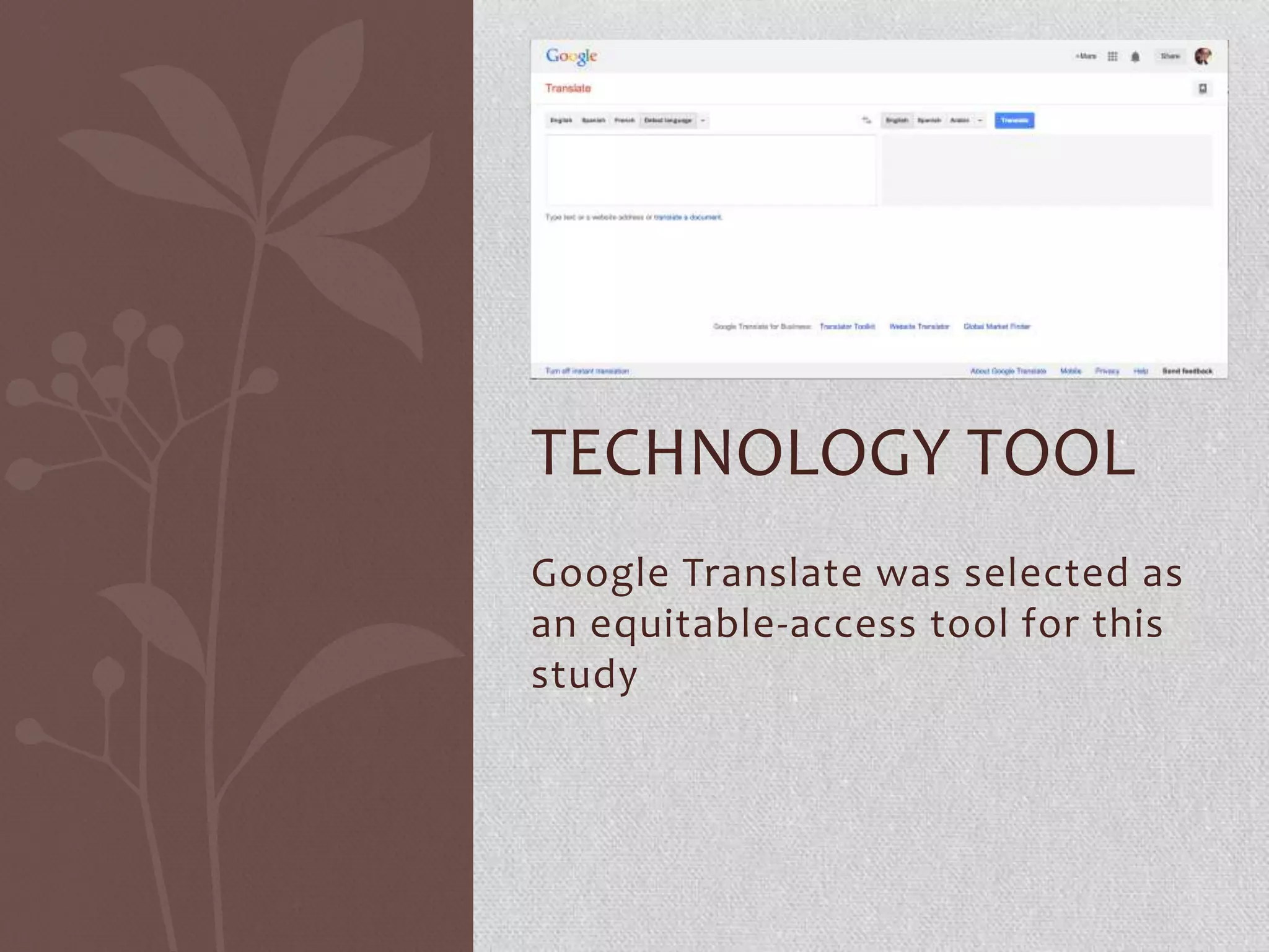 Google Translate was selected as
an equitable-access tool for this
study
TECHNOLOGY TOOL
 