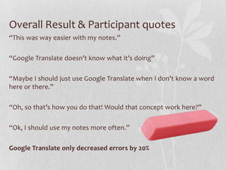Overall Result & Participant quotes
“This was way easier with my notes.”
“Google Translate doesn’t know what it’s doing”
“Maybe I should just use Google Translate when I don’t know a word
here or there.”
“Oh, so that’s how you do that! Would that concept work here?”
“Ok, I should use my notes more often.”
Google Translate only decreased errors by 20%
 