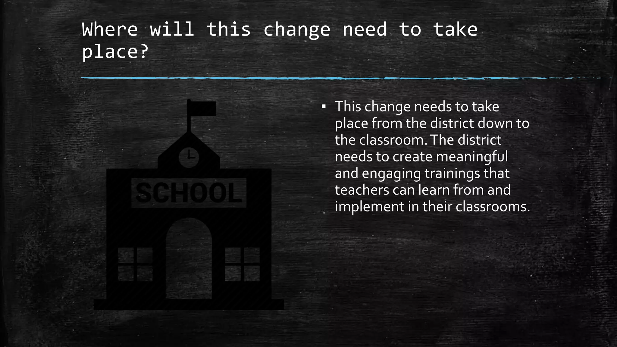 Where will this change need to take
place?
▪ This change needs to take
place from the district down to
the classroom.The district
needs to create meaningful
and engaging trainings that
teachers can learn from and
implement in their classrooms.
 