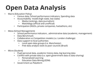 Open Data Analysis 
• Macro (Education Policy) 
• Census data, School performance indicators, Spending data 
• Accountabil...