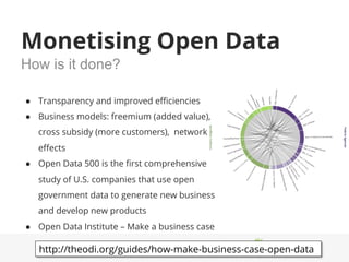 Monetising Open Data 
The figures…. 
● McKinsey - open data has a potential global value of $3tn 
● Omidyar Network - open...