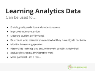 Learning Analytics 
What is it? 
● “The measurement, collection, analysis and reporting of data about 
learners and their ...