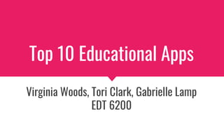 Top 10 Educational Apps
Virginia Woods, Tori Clark, Gabrielle Lamp
EDT 6200
 