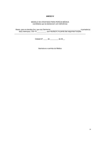 28
ANEXO IV
MODELO DE ATESTADO PARA PERÍCIA MÉDICA
(candidatos que se declararam com deficiência)
Atesto, para os devidos fins, que o(a) Senhor(a)_________________________________ é portador(a)
da(s) doença(s), CID-10 __________, que resulta(m) na perda das seguintes funções
______________________________________________________________________________
Cidade/UF, ____ de _________ de 20__.
Assinatura e carimbo do Médico
 
