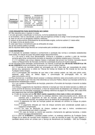 3
Técnico em
Processamen
to de Dados
E05
Diploma, devidamente
registrado, de conclusão de
curso de ensino superior na
Área de Processamento
Eletrônico de Dados,
fornecido por instituição
reconhecida pelo Ministério
da Educação.
07 05 01 01
3 DOS REQUISITOS PARA INVESTIDURA NO CARGO
3.1 São requisitos para o ingresso no cargo:
I. ter sido aprovado e classificado no Concurso, na forma estabelecida neste Edital;
II. ser brasileiro, nato ou naturalizado, e gozar das prerrogativas contidas no artigo 12 da Constituição Federal;
III. estar em dia com as obrigações militares e eleitorais;
IV. possuir os documentos comprobatórios da escolaridade exigida, conforme subitem 2.1 deste edital;
V. ter idade mínima de dezoito anos;
VI. estar apto física e mentalmente para as atribuições do cargo;
VII. ter boa conduta pública e privada.
3.2 Os requisitos deste artigo deverão ser comprovados pelo candidato por ocasião da posse.
4 DAS INSCRIÇÕES
4.1 A inscrição do candidato implicará o conhecimento e aceitação das normas e condições estabelecidas
neste Edital, em relação às quais não poderá alegar desconhecimento.
4.1.1 De forma a evitar ônus desnecessário, orienta-se o candidato a recolher o valor de inscrição
somente após tomar conhecimento de todos os requisitos e condições exigidos para o Concurso.
4.1.2 O candidato cuja crença religiosa impeça a realização das provas nos horários marcados deverá
indicar no Requerimento de Inscrição via Internet a solicitação da prova em horário especial.
4.2 As inscrições serão realizadas, exclusivamente, via Internet, no período das 10h do dia 19/05/2014 às 14h
do dia 10/06/2014 (horário de Brasília), de acordo com o item 4.3 deste Capítulo.
4.2.1 O período de inscrições poderá ser prorrogado por até 2 dias úteis, por necessidade de ordem
técnica e/ou operacional, a critério do Tribunal de Contas do Estado do Rio Grande do Sul e/ou da
Fundação Carlos Chagas.
4.2.2 A prorrogação das inscrições de que trata o item anterior poderá ser feita sem prévio aviso,
bastando, para todos os efeitos legais, a comunicação de prorrogação feita no site
www.concursosfcc.com.br.
4.3 Para inscrever-se, o candidato deverá acessar o endereço eletrônico www.concursosfcc.com.br durante o
período das inscrições e, por meio dos links referentes ao Concurso Público, efetuar sua inscrição conforme os
procedimentos estabelecidos a seguir:
4.3.1 Ler e aceitar o Requerimento de Inscrição, preencher o Formulário de Inscrição e transmitir os dados
pela Internet.
4.3.2 Efetuar o pagamento da importância referente à inscrição por meio de boleto bancário ou débito em
conta corrente de banco(s) conveniado(s), a título de ressarcimento de despesas com material e serviços,
de acordo com as instruções constantes no endereço eletrônico da página de inscrições, até a data limite
para pagamento das inscrições (04/07/2014):
a) O valor da inscrição será de R$ 145,21 (cento e quarenta e cinco reais e vinte e um centavos)
4.3.2.1 O boleto bancário, disponível no endereço eletrônico www.concursosfcc.com.br, deverá ser
impresso para o pagamento do valor da inscrição, após conclusão do preenchimento do
Formulário de Inscrição, em qualquer banco do sistema de compensação bancária.
4.3.2.2 O pagamento do valor da inscrição poderá ser efetuado em dinheiro ou cheque do próprio
candidato.
4.3.2.2.1 O pagamento efetuado por meio de cheque somente será considerado quitado após a
respectiva compensação.
4.3.2.2.2 Em caso de devolução do cheque, qualquer que seja o motivo, considerar-se-á
automaticamente sem efeito a inscrição.
4.3.2.3 Em caso de feriado ou evento que acarrete o fechamento de agências bancárias, o boleto
deverá ser pago antecipadamente.
4.3.3 A partir de 21/05/2014 o candidato poderá conferir, no endereço eletrônico da Fundação Carlos
Chagas se os dados da inscrição foram recebidos e o valor da inscrição foi pago. Em caso negativo, o
candidato deverá entrar em contato com o Serviço de Atendimento ao Candidato – SAC da Fundação
 
