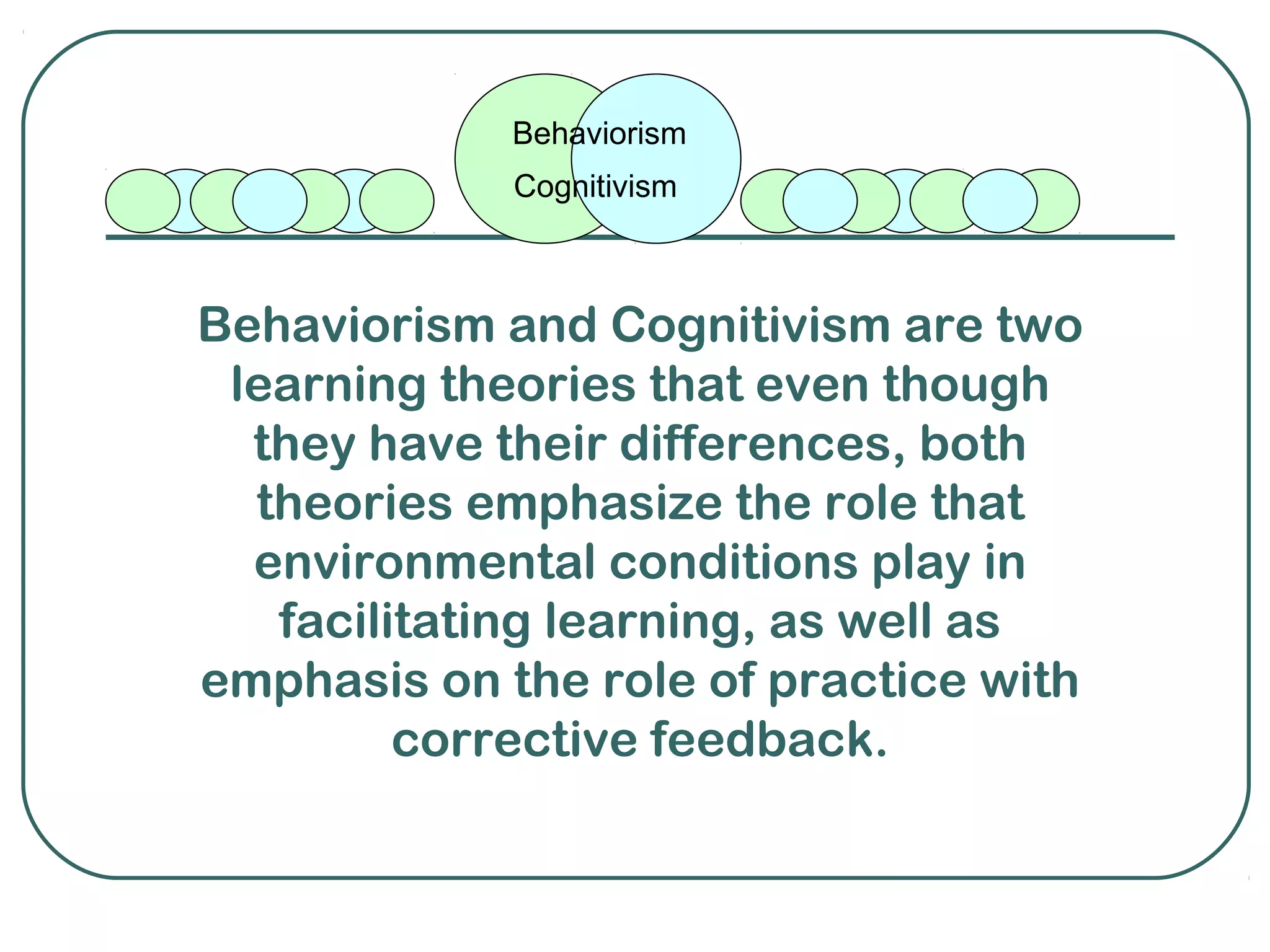 Behaviorism
             Cognitivism



Behaviorism and Cognitivism are two
 learning theories that even though
  they have their differences, both
  theories emphasize the role that
  environmental conditions play in
   facilitating learning, as well as
emphasis on the role of practice with
         corrective feedback.
 