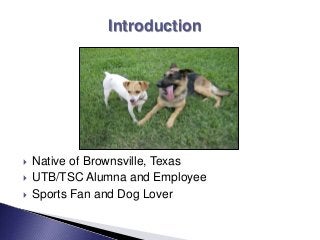  Native of Brownsville, Texas
 UTB/TSC Alumna and Employee
 Sports Fan and Dog Lover
Introduction
 