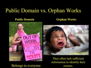 Public Domain vs. Orphan WorksPublic DomainOrphan Works(Dakowicz, 2007)(Kilmister, 2008)They often lack sufficient information to identify their owners.Belongs to everyone