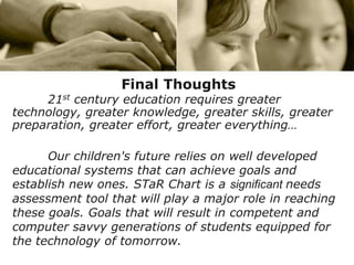 Final Thoughts21st century education requires greater technology, greater knowledge, greater skills, greater preparation, greater effort, greater everything…	Our children's future relies on well developed educational systems that can achieve goals and establish new ones. STaR Chart is a significant needs assessment tool that will play a major role in reaching these goals. Goals that will result in competent and computer savvy generations of students equipped for the technology of tomorrow.  