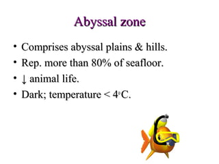 Abyssal zone
•   Comprises abyssal plains & hills.
•   Rep. more than 80% of seafloor.
•   ↓ animal life.
•   Dark; temperature < 4o C.
 