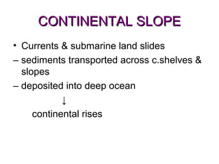 CONTINENTAL SLOPE
• Currents & submarine land slides
– sediments transported across c.shelves &
  slopes
– deposited into deep ocean
            ↓
     continental rises
 