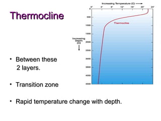 Thermocline



• Between these
  2 layers.

• Transition zone

• Rapid temperature change with depth.
 